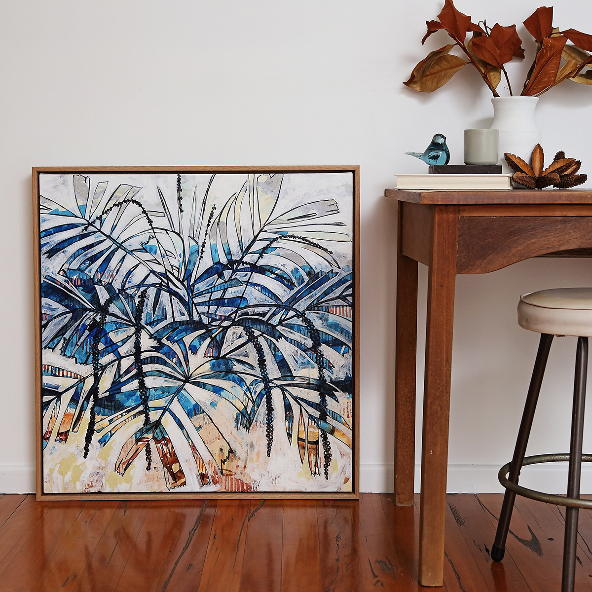 Lr 050 Walking Stick Palm Moment I Smith & Brooks Coastal Art White And Blue Statement Art Buy Local Art