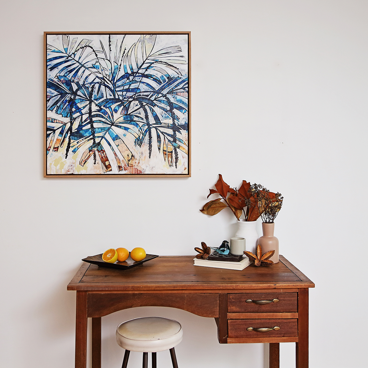 Lr 057 Walking Stick Palm Moment I Smith & Brooks Coastal Art White And Blue Statement Art Buy Local Art