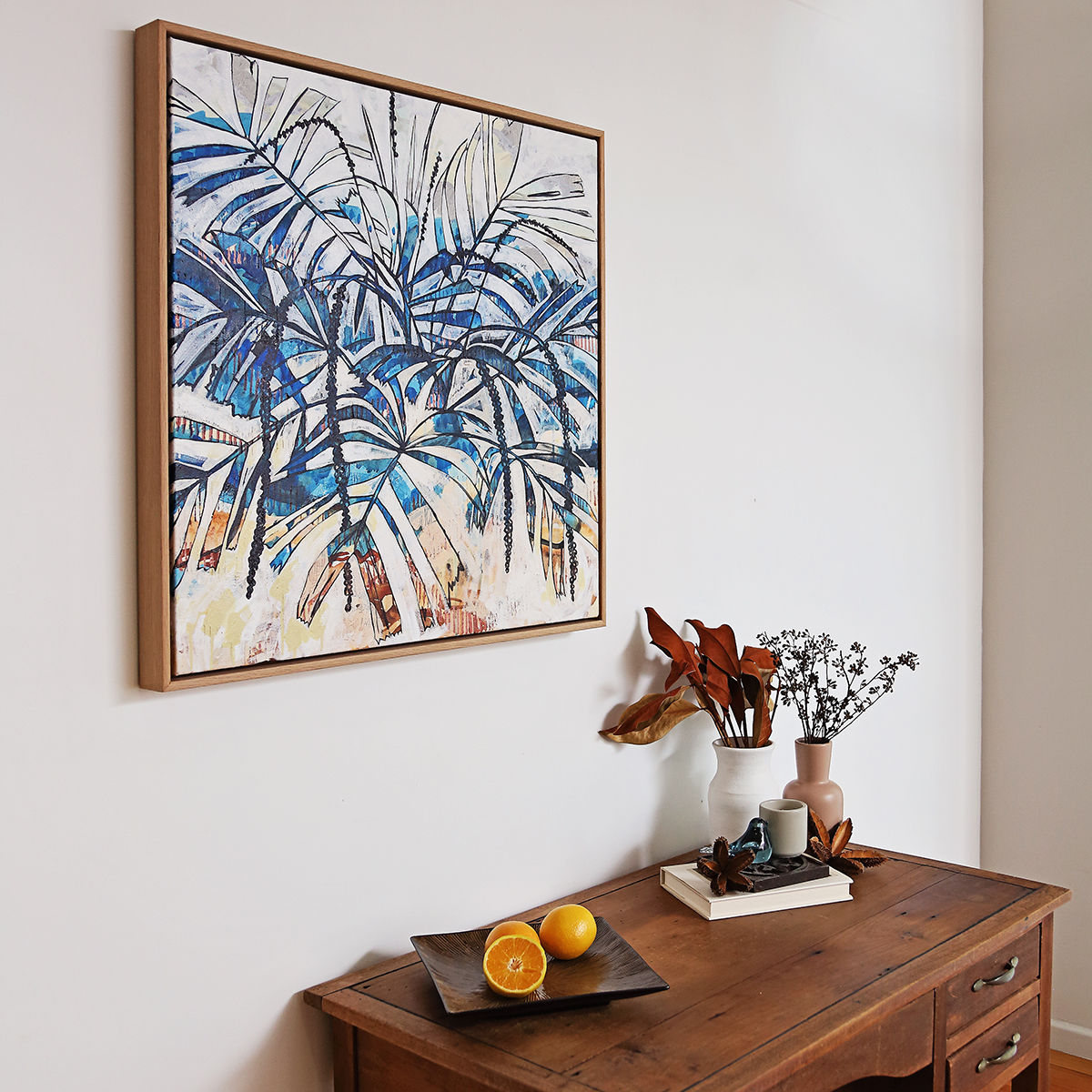 Lr 064 Walking Stick Palm Moment I Smith & Brooks Coastal Art White And Blue Statement Art Buy Local Art