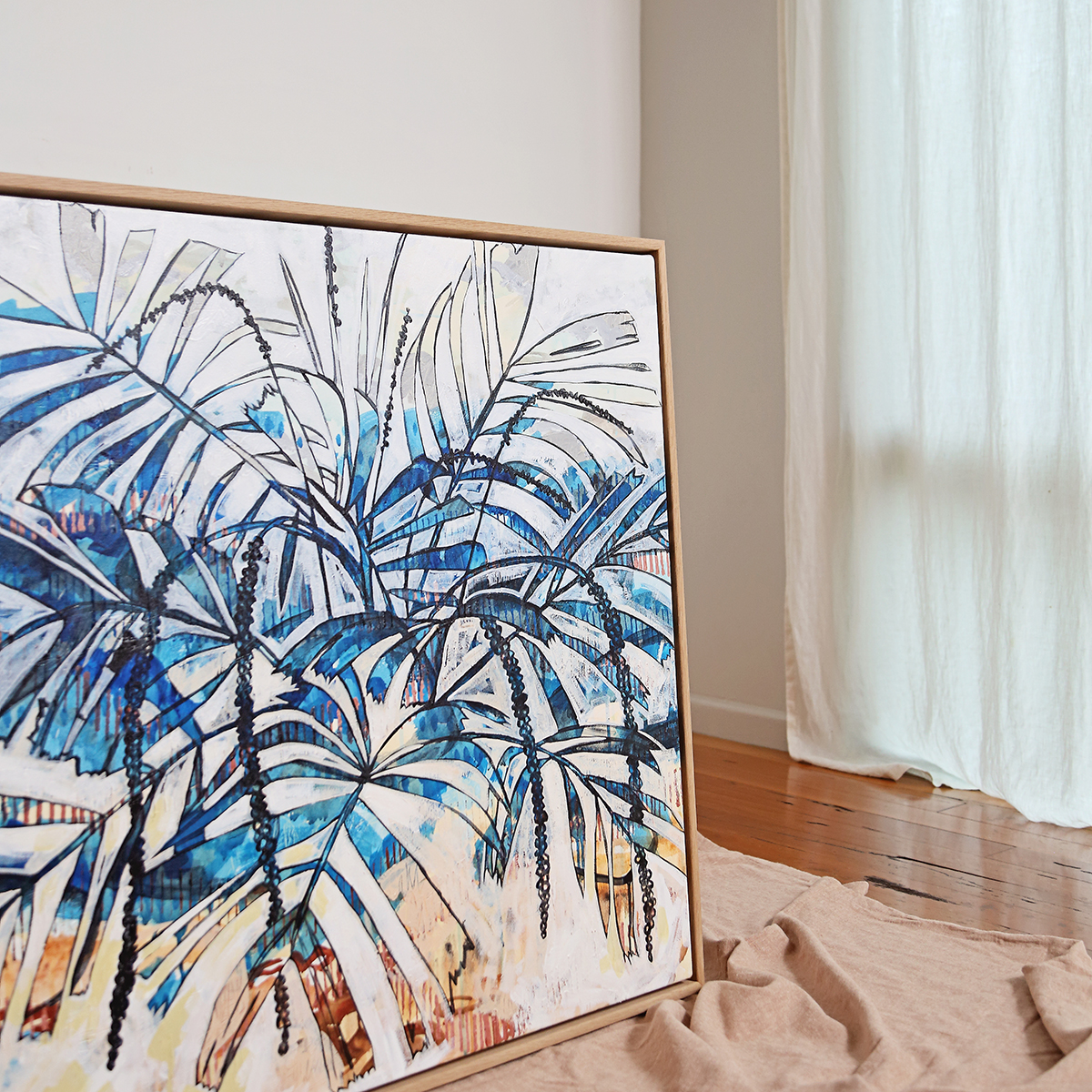 Lr 078 Walking Stick Palm Moment I Smith & Brooks Coastal Art White And Blue Statement Art Buy Local Art