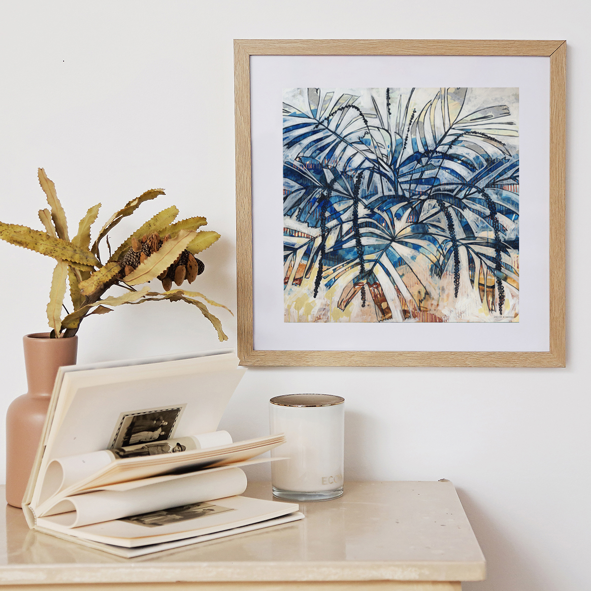 Lr 079 Walking Stick Palm Moment I Smith & Brooks Coastal Art White And Blue Statement Art Buy Local Art