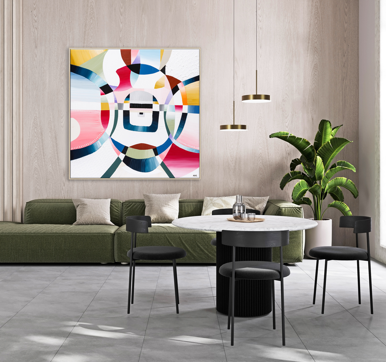 Minimalist Living Room Interior With Dining Area, Modern Green S