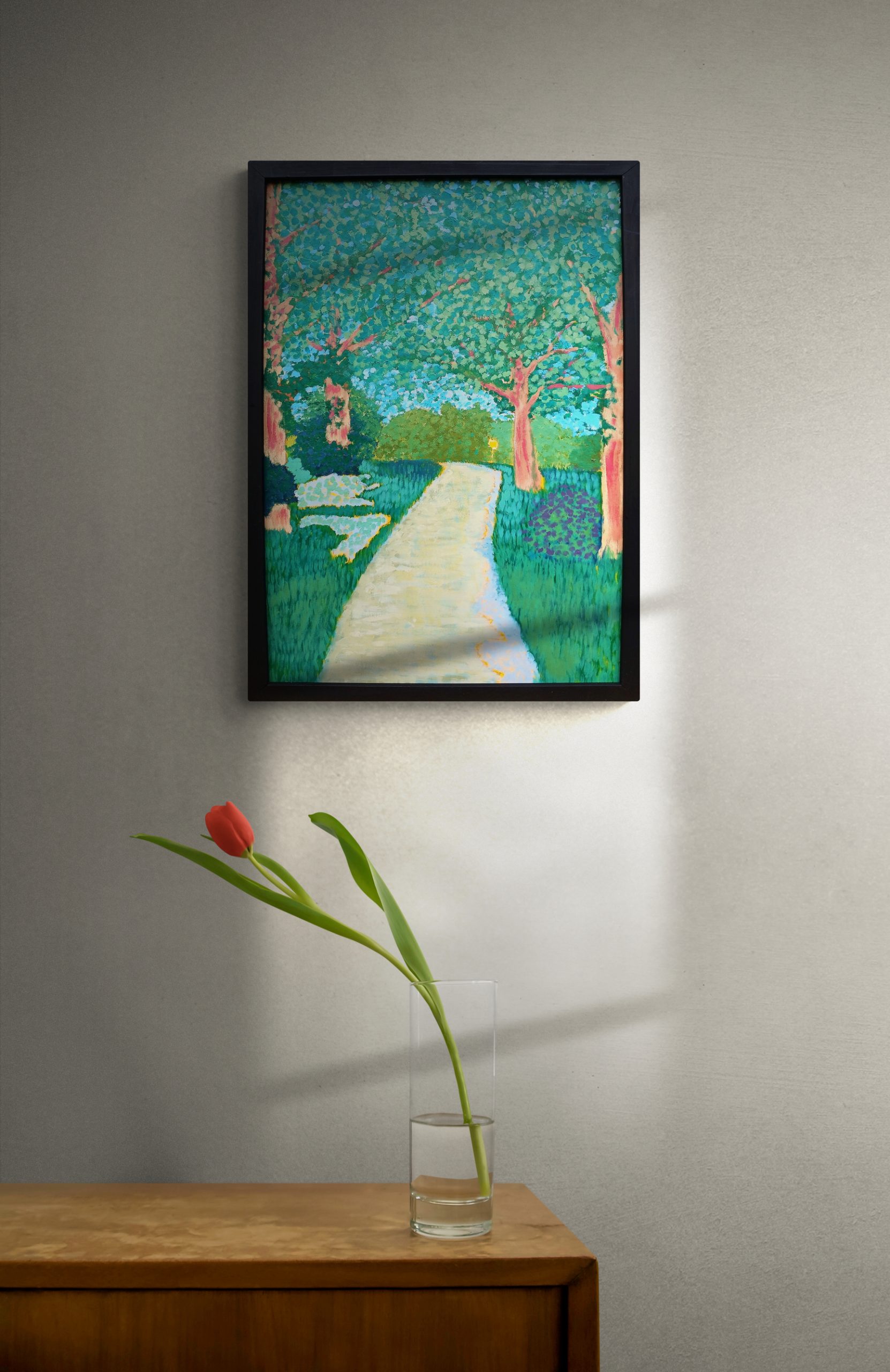 Flower In Vase Sitting On Wooden Cabinet