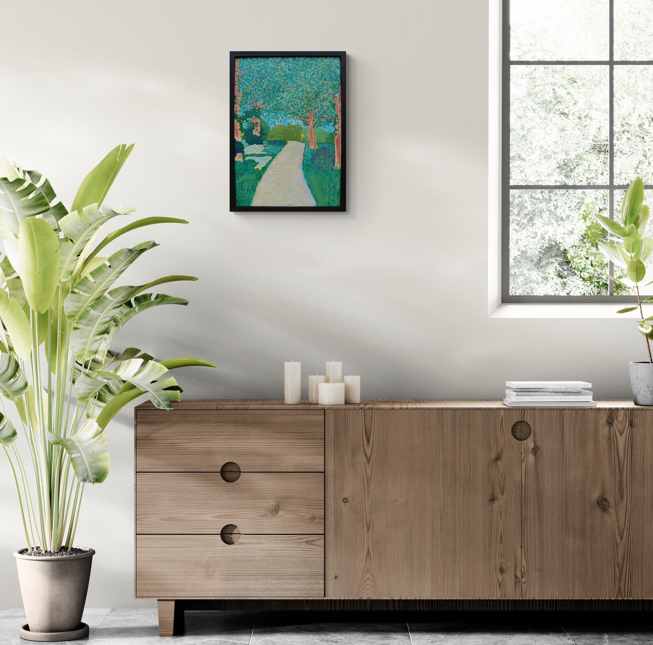 Room With Tropical Plant And Wooden Cabinet