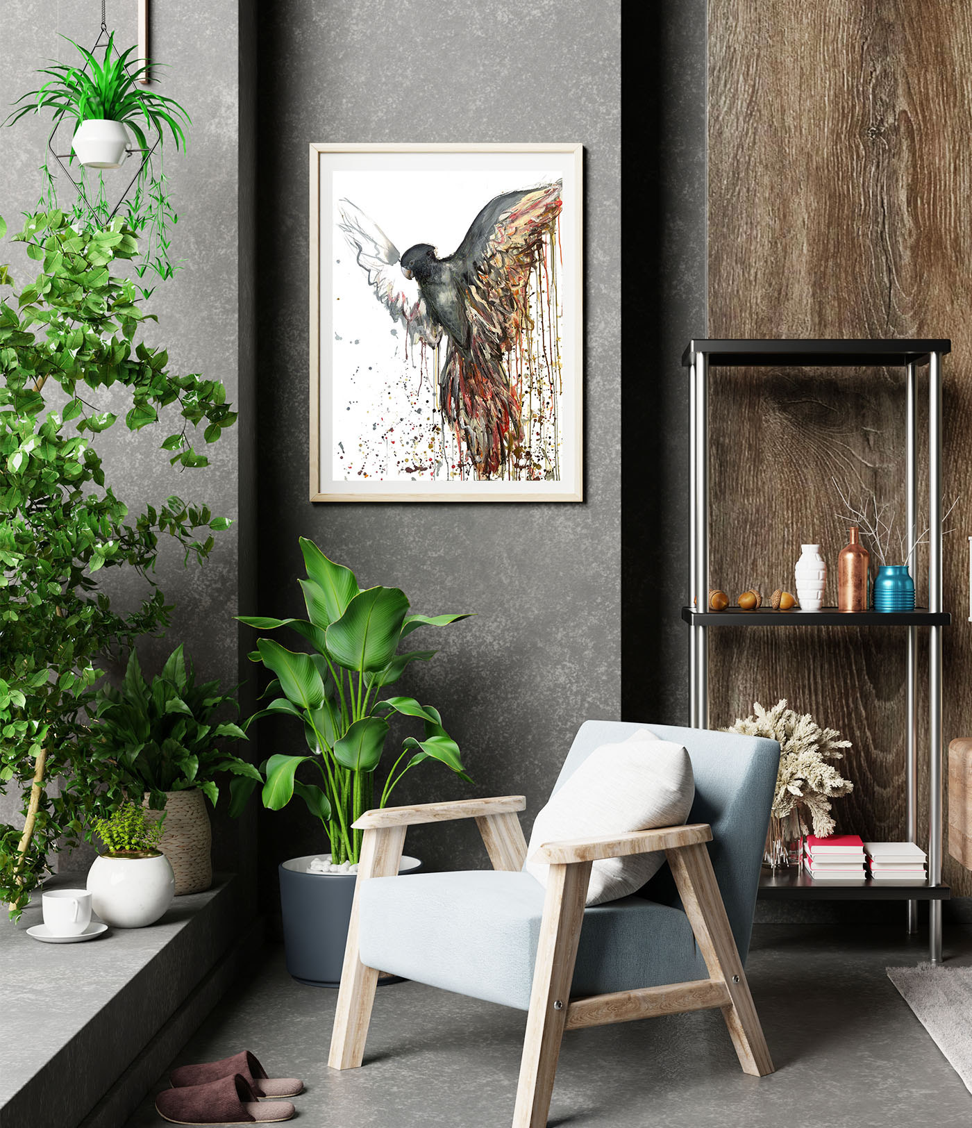 Sydney Artist Leni Kae Flight Of The Black Cockatoo 56x76cm On Paper Interior Design2