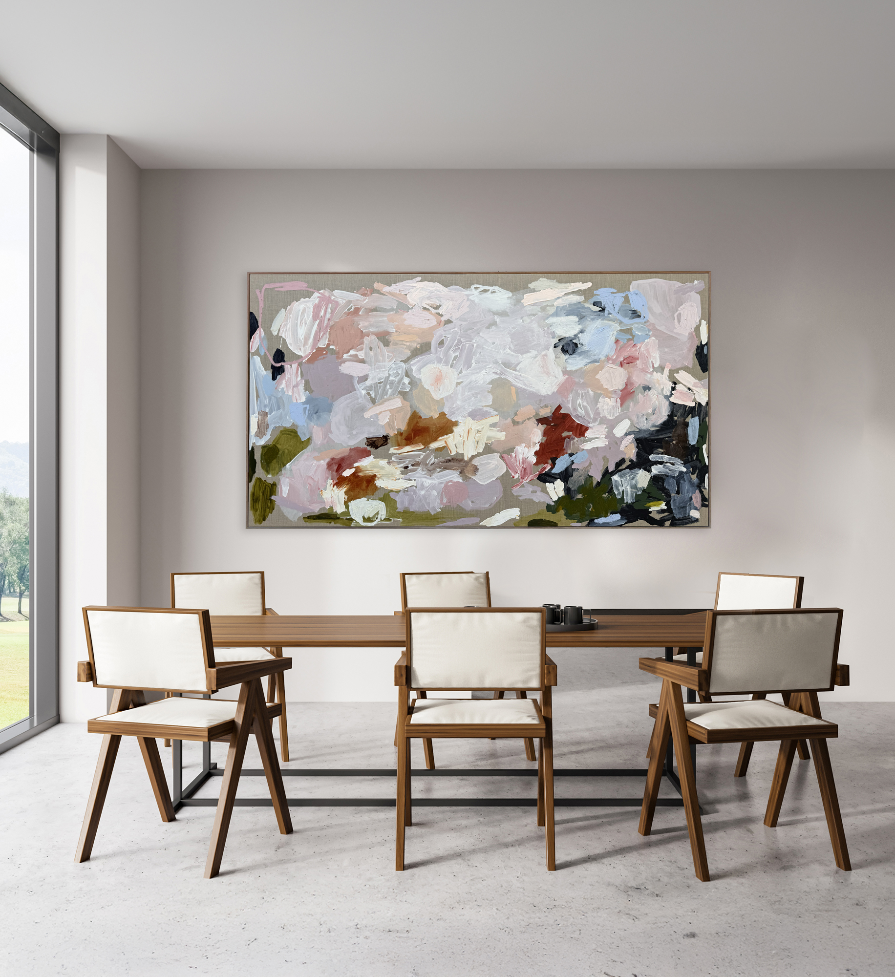 Front View On Bright Dining Room Interior With Dining Table