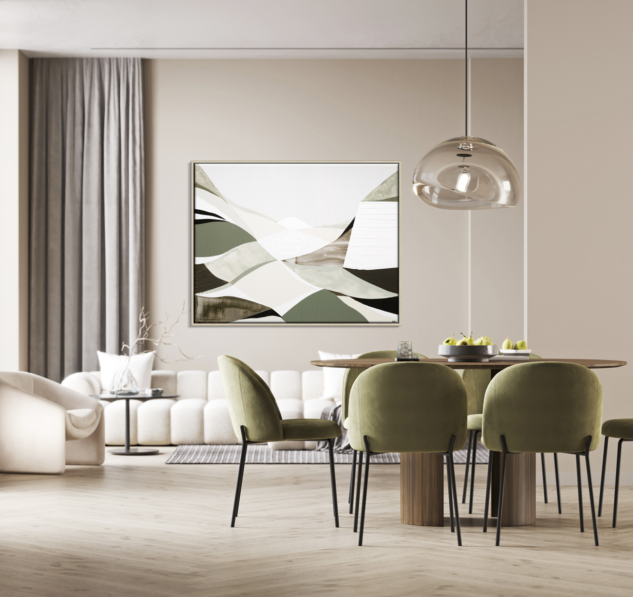 Home Living Room Interior With Table And Green Chair, Modern Light Dining, Beige Empty Wall Mock Up, 3d Render