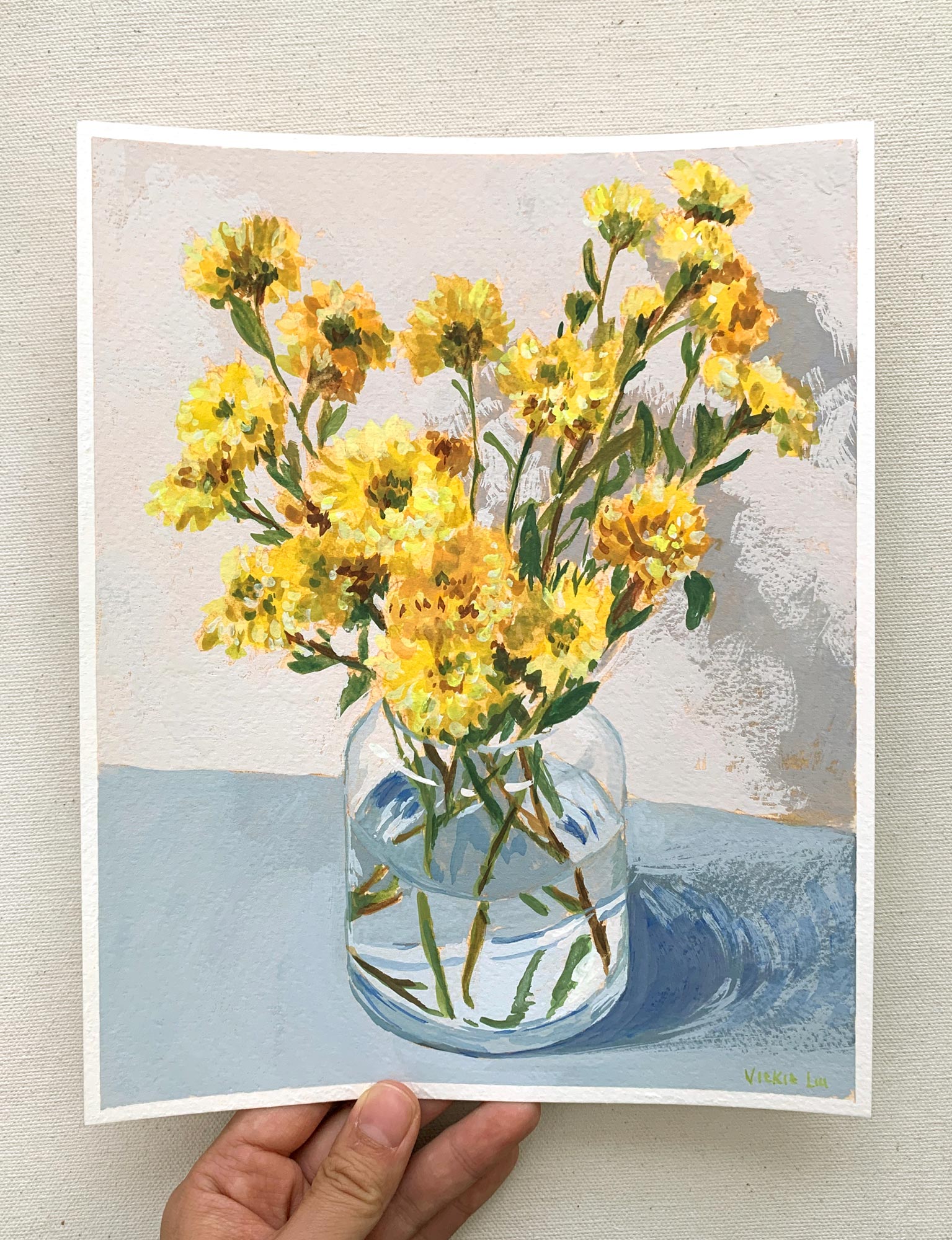 Vickie Liu Yellow Chrysanthemum Bouquet On Blue Still Life 20x25cm Overall