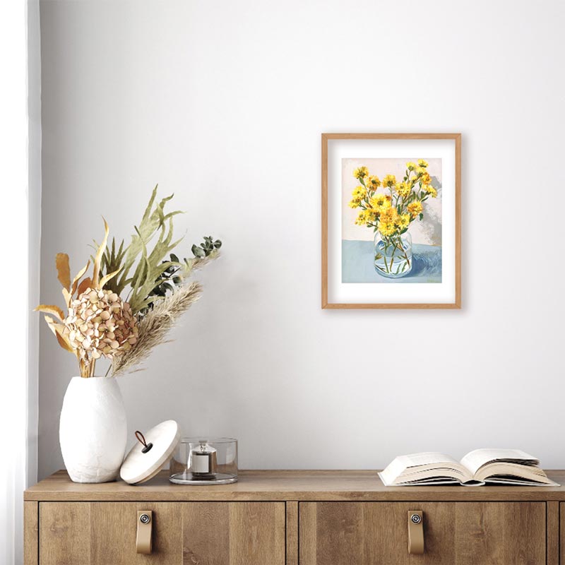 Yellow Chrysanthemum Bouquet On Blue Still Life Painting Frame Mockup
