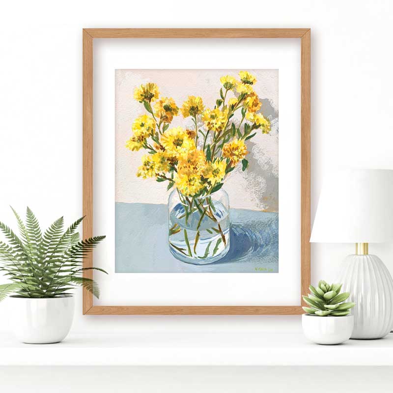 Yellow Chrysanthemum Bouquet On Blue Still Life Painting Frame Mockup 2
