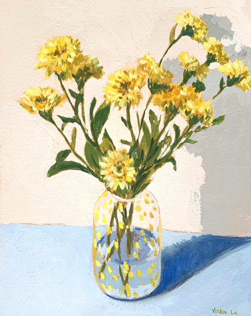 Chrysanthemums in Yellow Spotted Vase Still Life