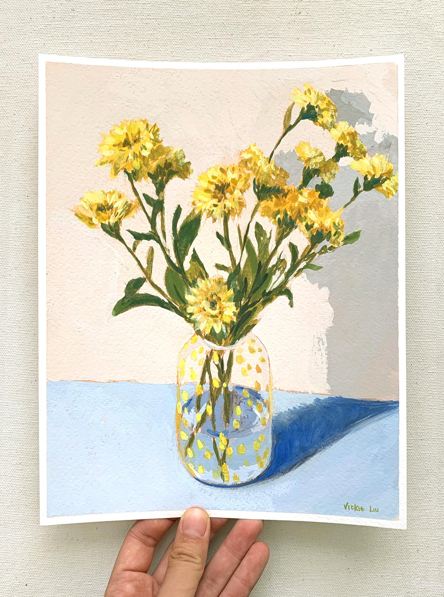Vickie Liu Chrysanthemums In Yellow Spotted Vase Still Life 20x25cm Overall