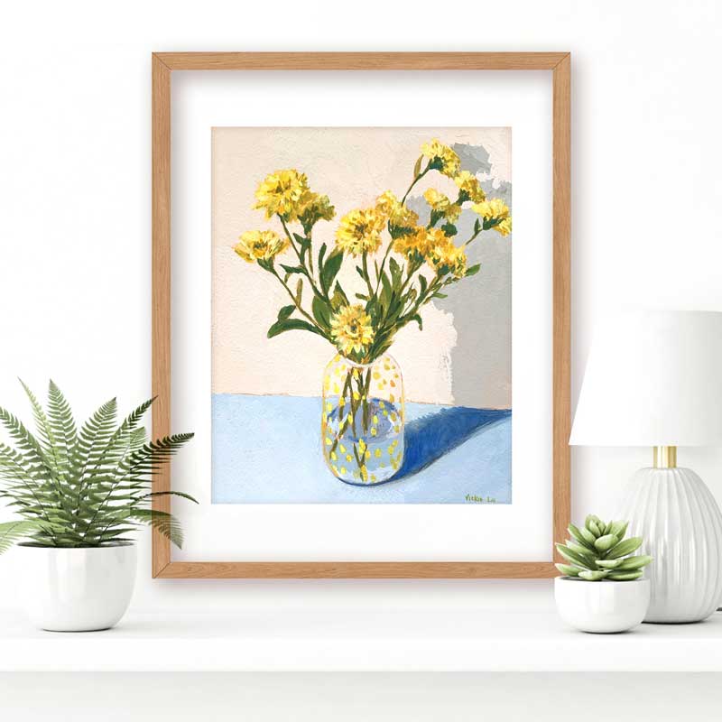 Chrysanthemums In Yellow Spotted Vase Still Life Painting Frame Mockup 2