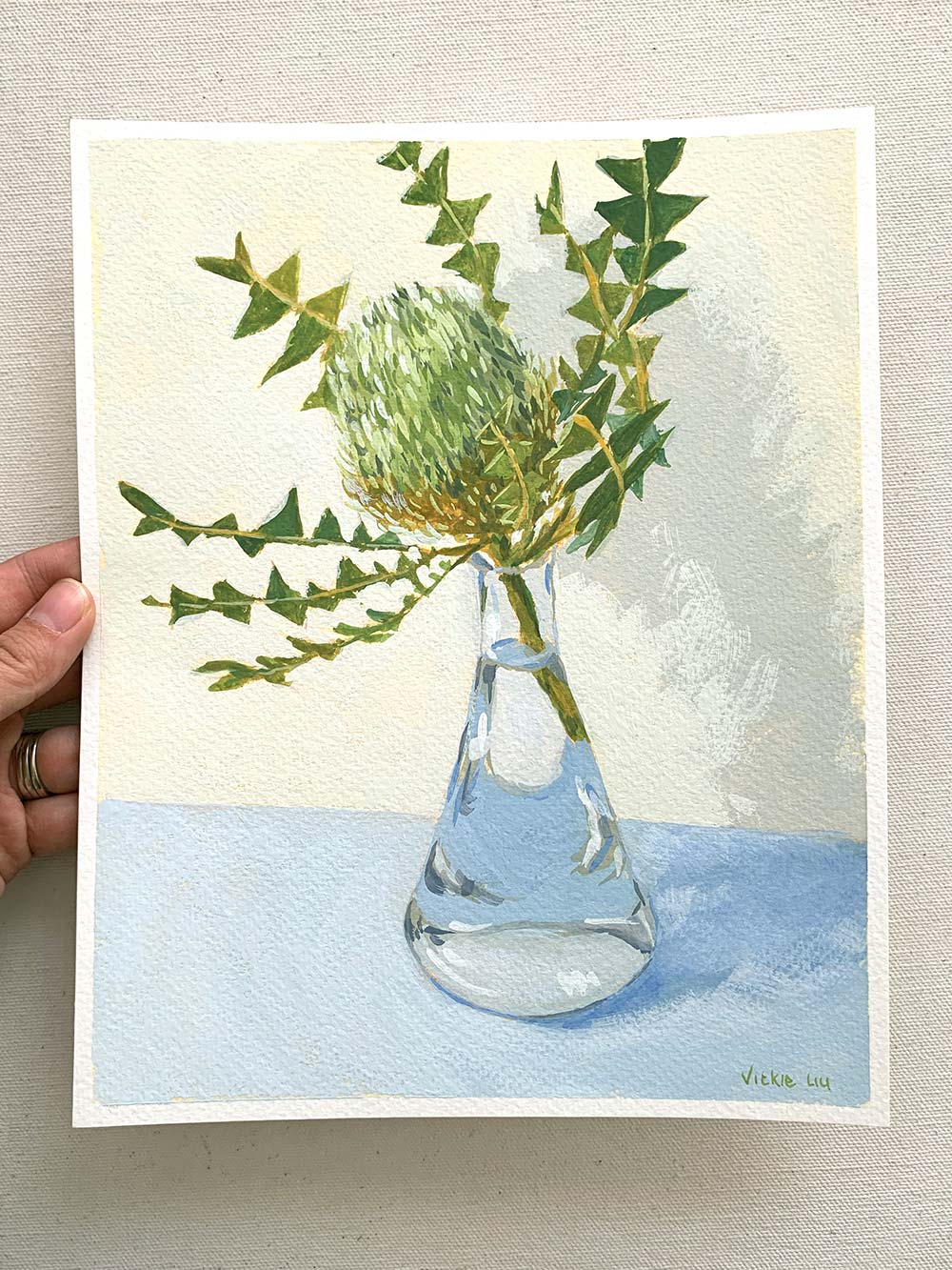 Vickie Liu Birds Nest Banksia In Flask Still Life Painting 20x25 Overall