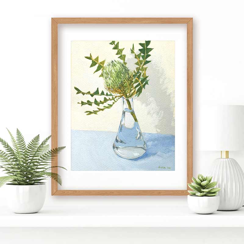 Birds Nest Banksia In Flask Still Life Painting Frame Mockup