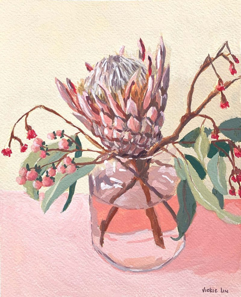 Protea, Red Gum and Berries on Pastel Pink Still Life