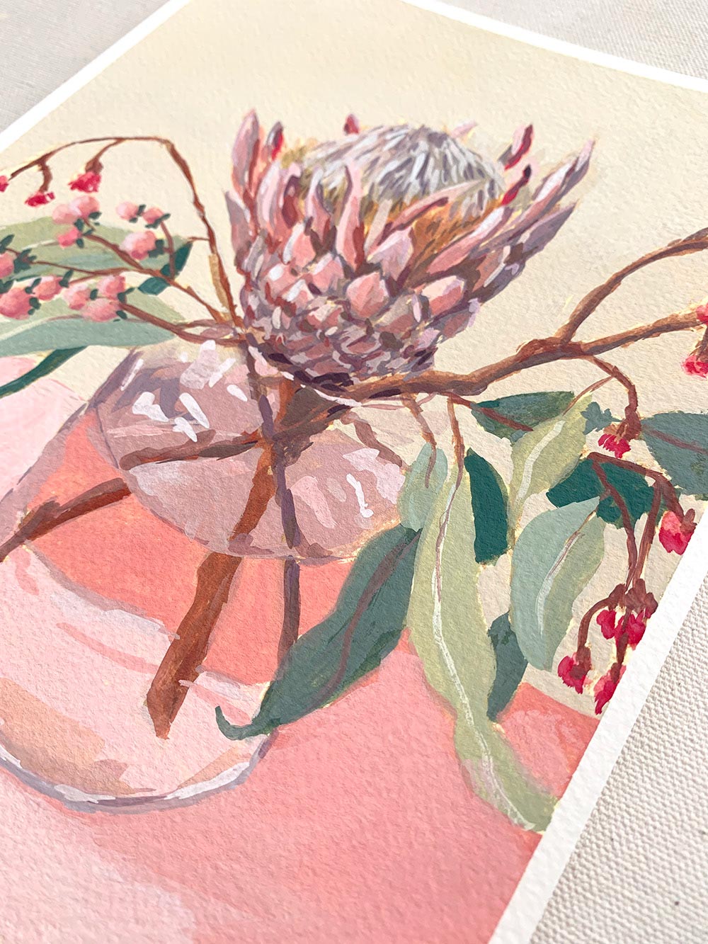 Vickie Liu Protea Red Gum And Berries On Pastel Pink Still Life Painting 20x25 Detail