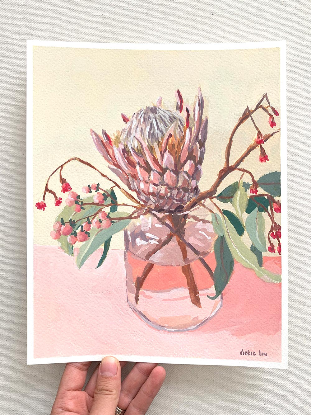 Vickie Liu Protea Red Gum And Berries On Pastel Pink Still Life Painting 20x25 Overall
