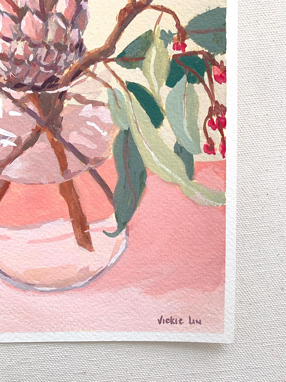 Vickie Liu Protea Red Gum And Berries On Pastel Pink Still Life Painting 20x25 Signature
