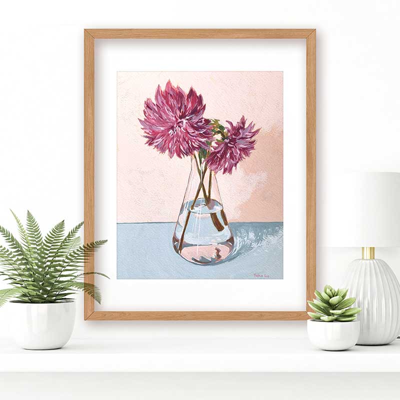 Purple Dahlias In Flask Still Life Painting Frame Mockup