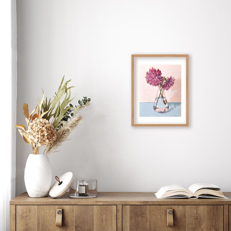 Purple Dahlias In Flask Still Life Painting Frame Mockup 2