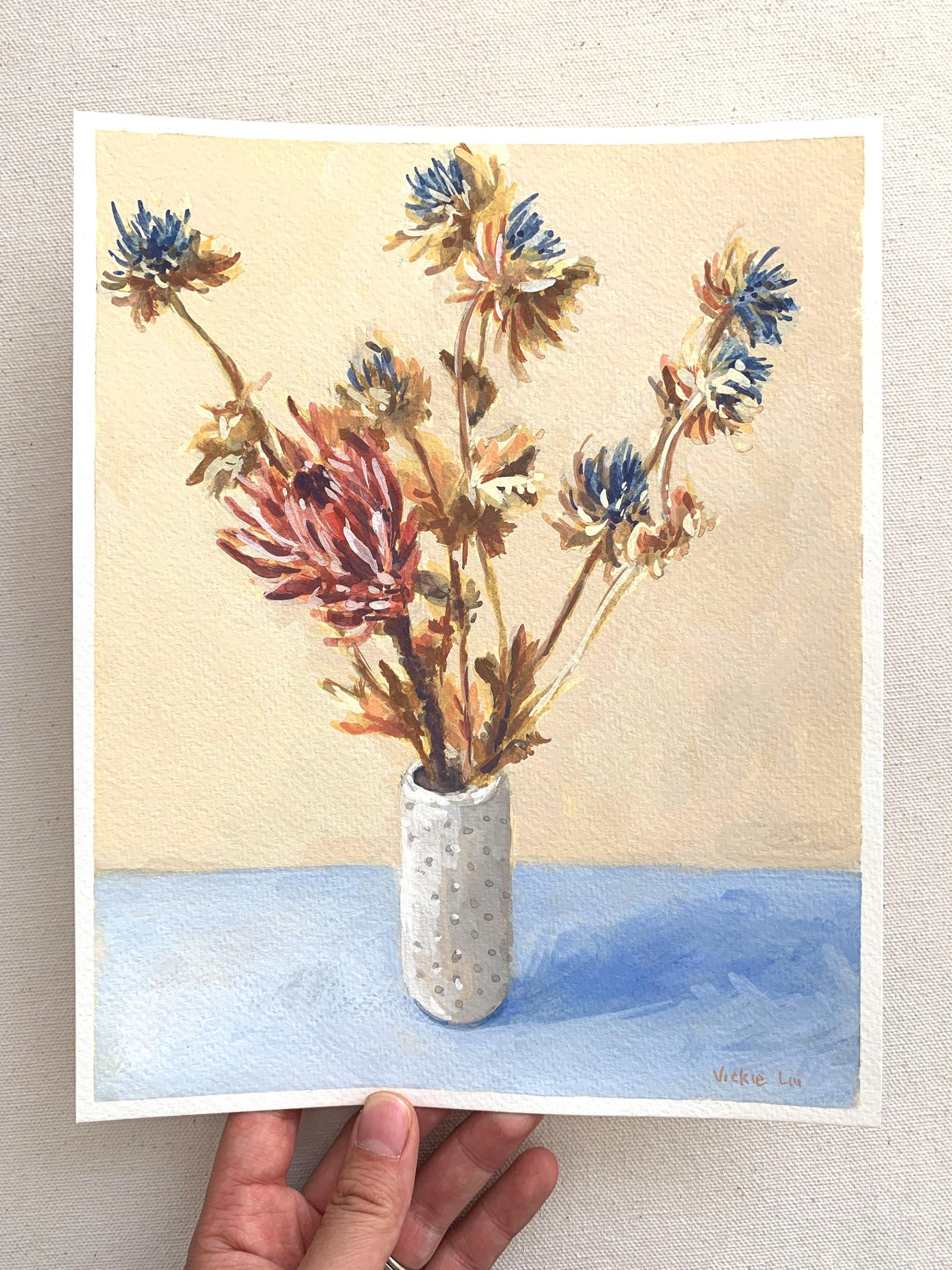 Vickie Liu Dried Protea And Thistle Still Life 20x25cm Overall