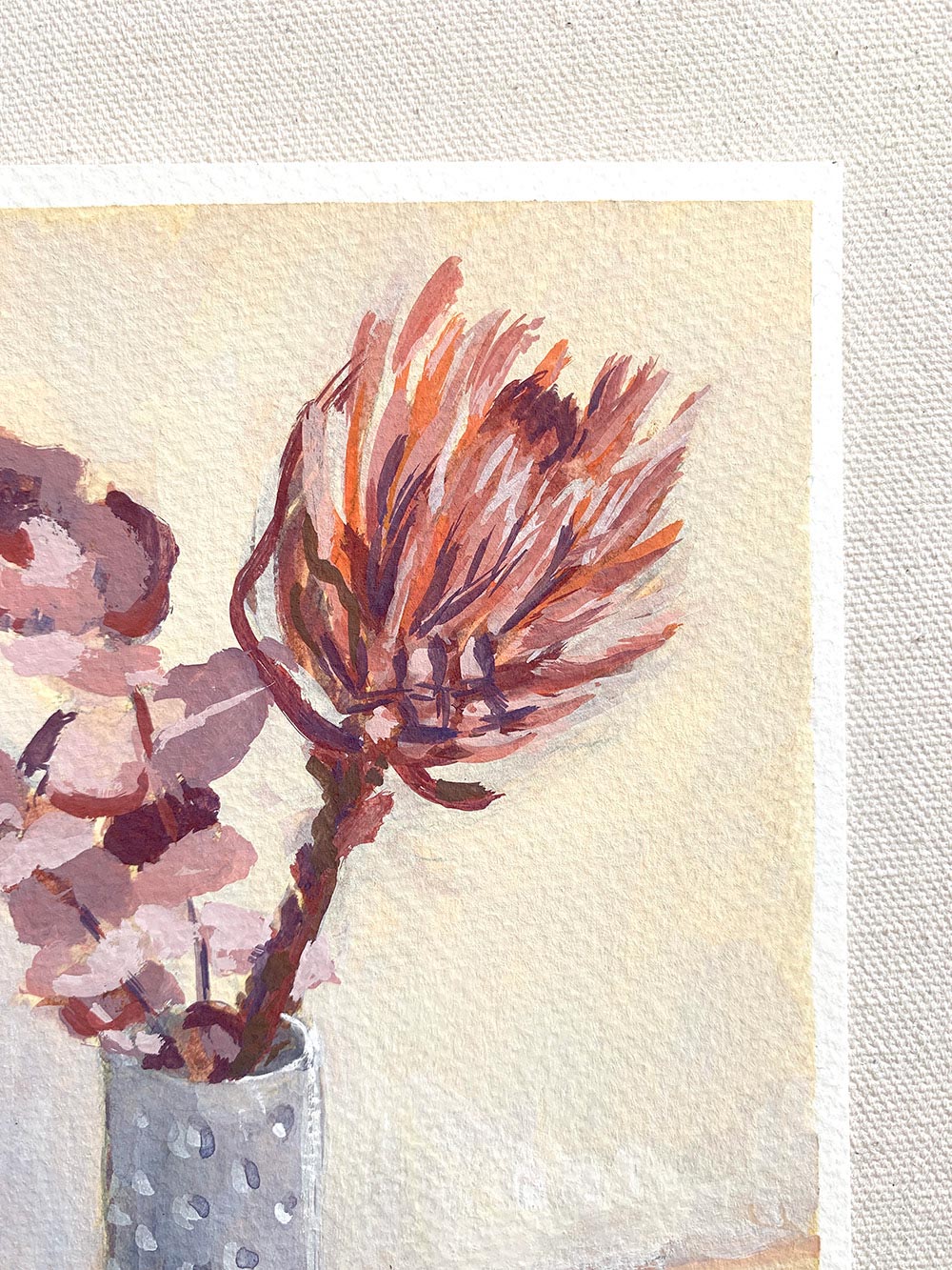 Vickie Liu Dried Protea And Gum On Cream Still Life Painting 15x20cm Detail