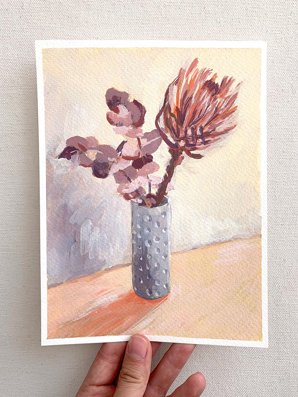 Vickie Liu Dried Protea And Gum On Cream Still Life Painting 15x20cm Overall