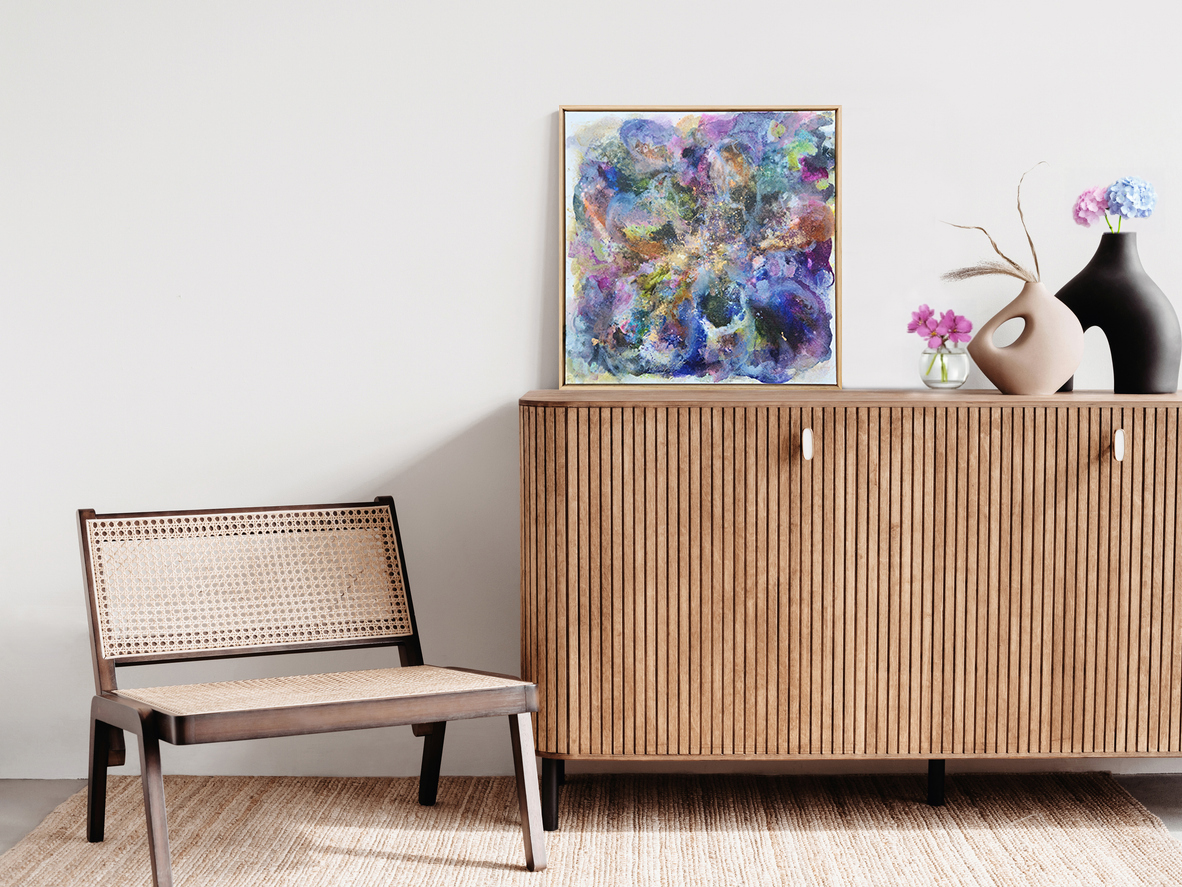 Artwork Mockup In Interior Design. Blank Picture Frame On A Wall. Horizontal Orientation