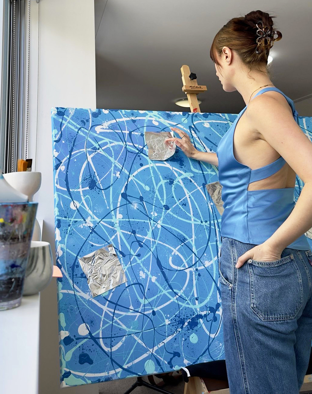 Bridget Bradley Applies Silver Leaf To 'something Blue' Abstract