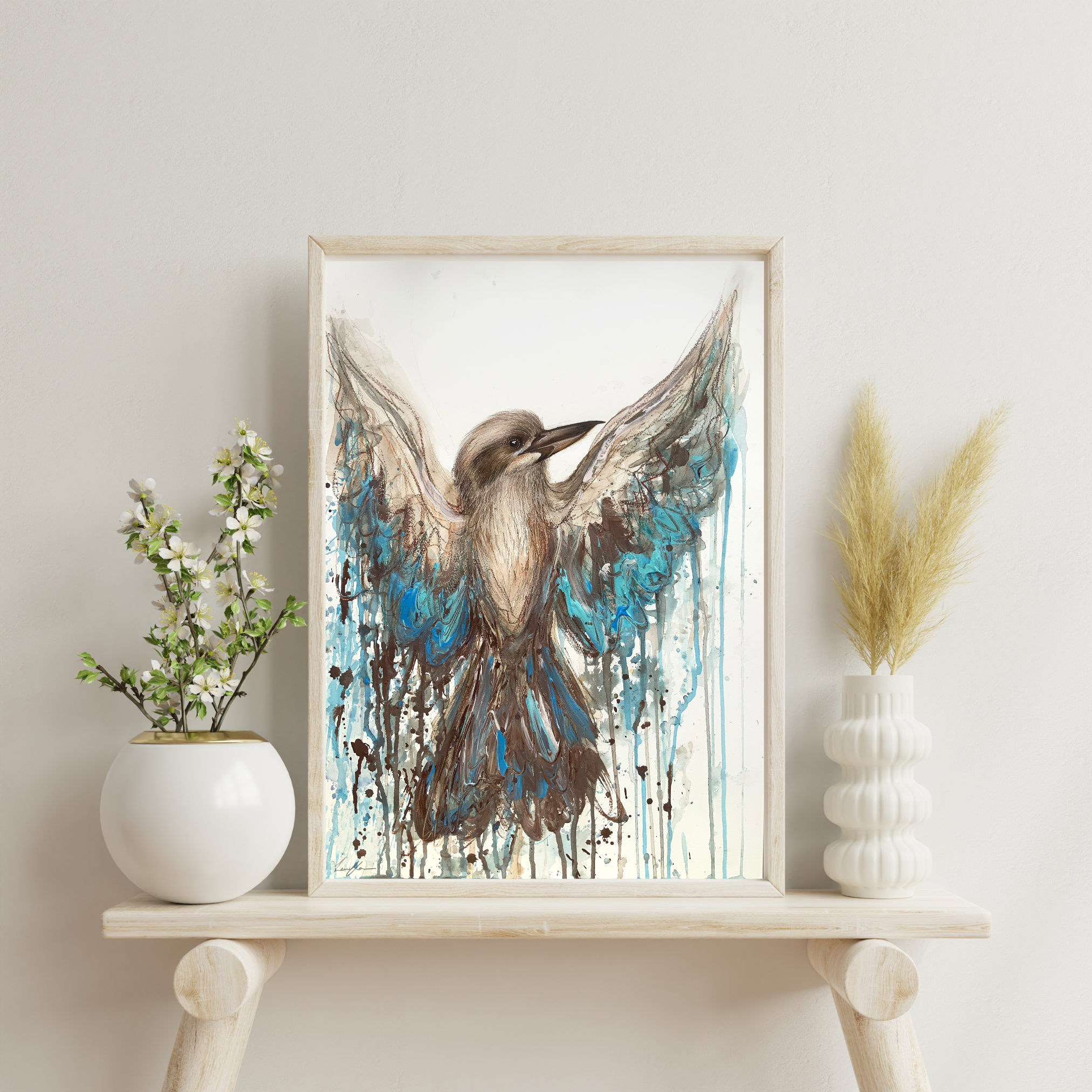Sydney Artist Leni Kae Blue Winged Kookaburra Spirit Interior Design Shelf Lounge Room