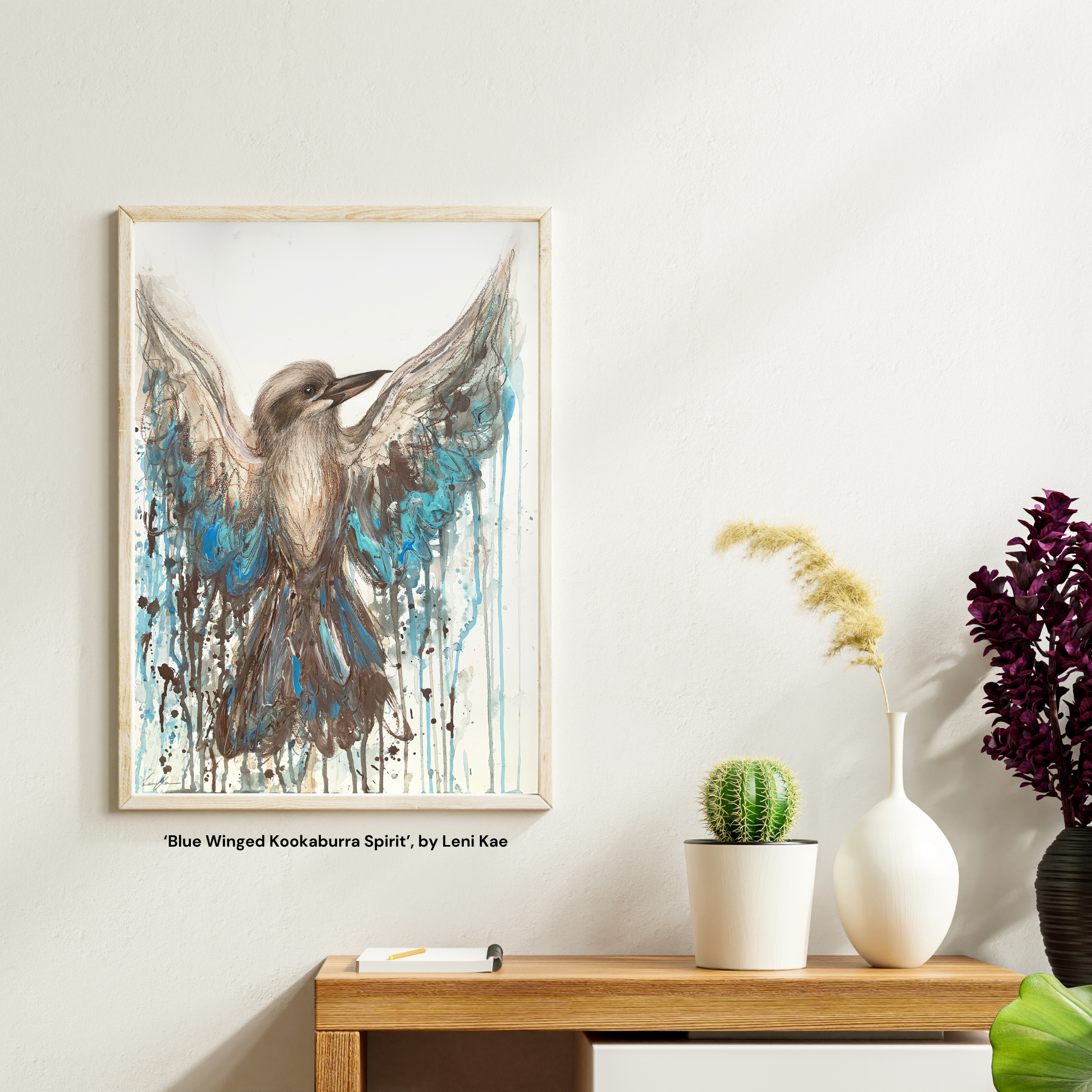Sydney Artist Leni Kae Blue Winged Kookaburra Spirit Interior Design Shelf Lounge Room 2