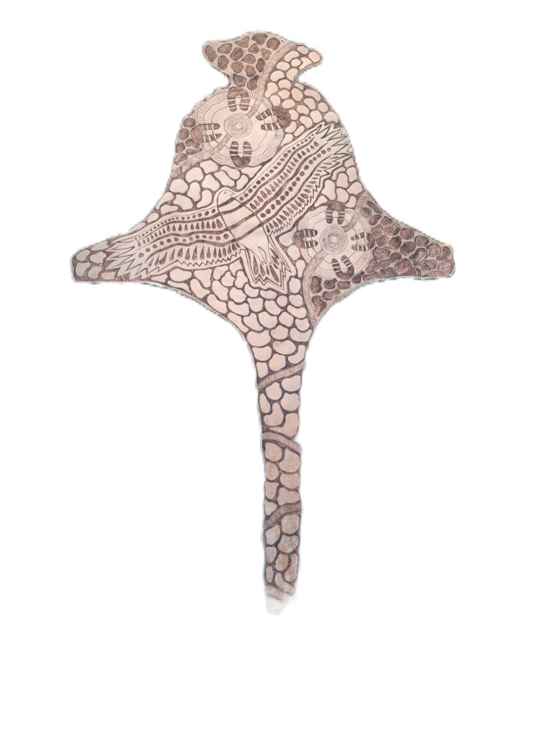 Sea Eagle Dreaming burnt on kangaroo skin