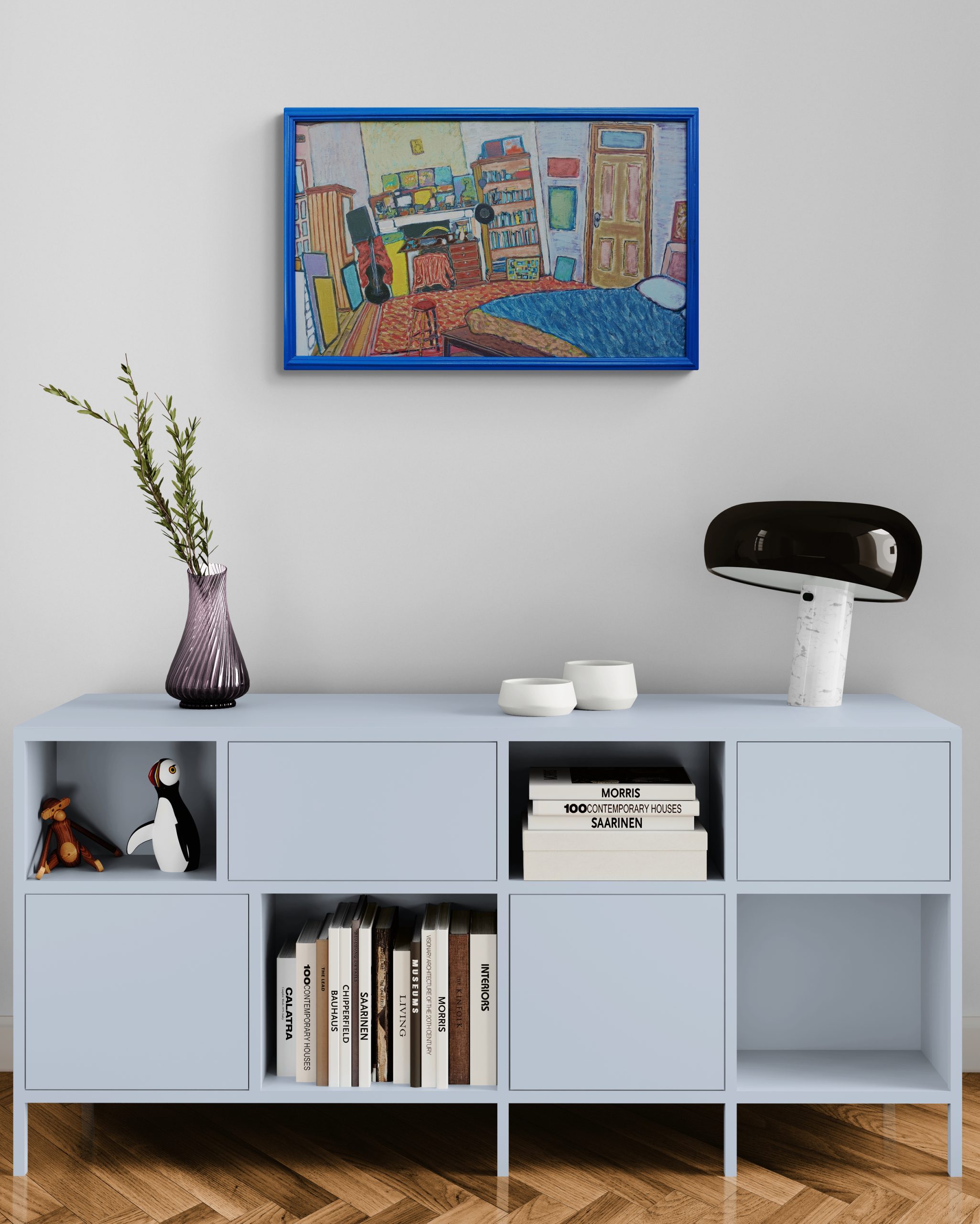 Colorful Wooden Cabinet With Lamp And Vase