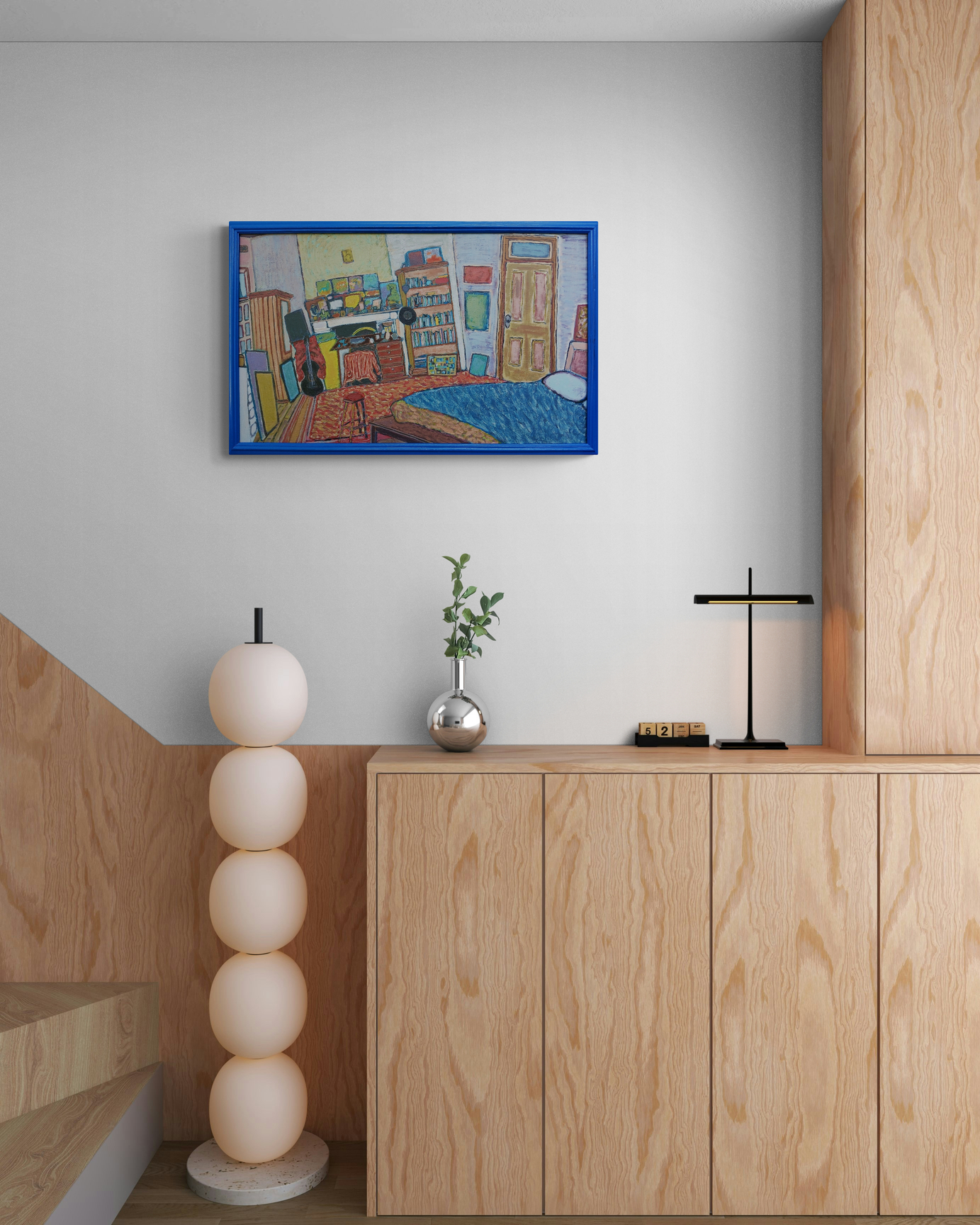 Natural Wooden Cabinet Next To Staircase