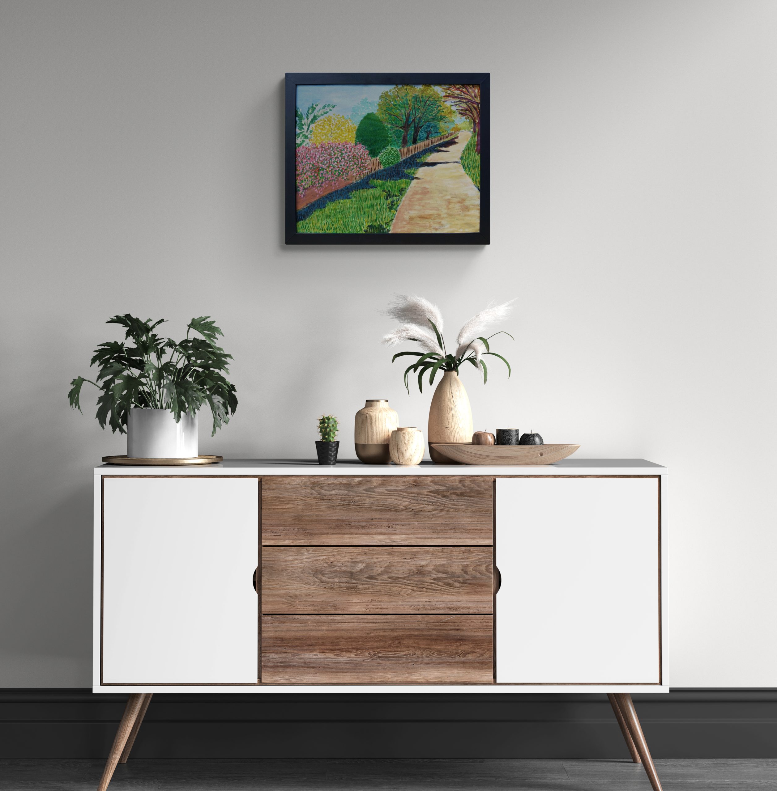 Modern Cabinet With Plants And Ornaments