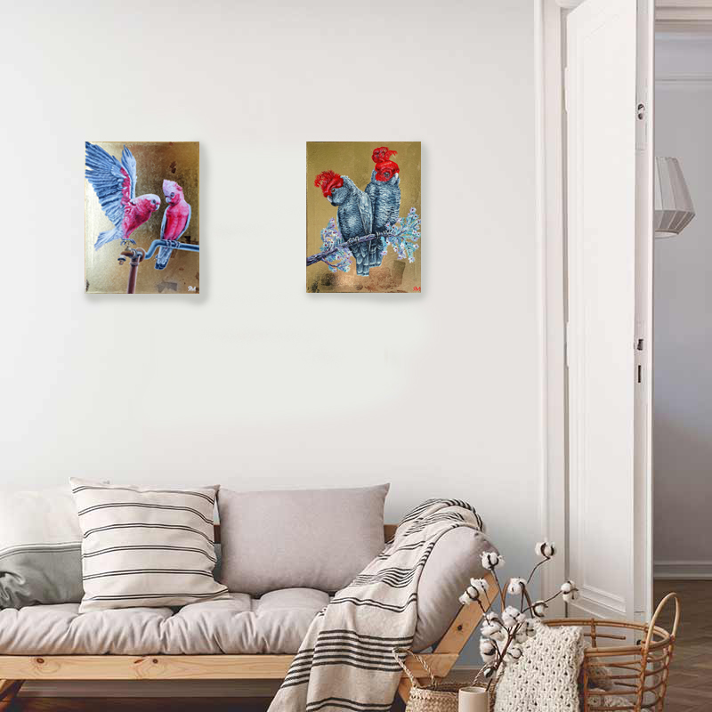 Parrots On Gilding Canvas Insitu Copy