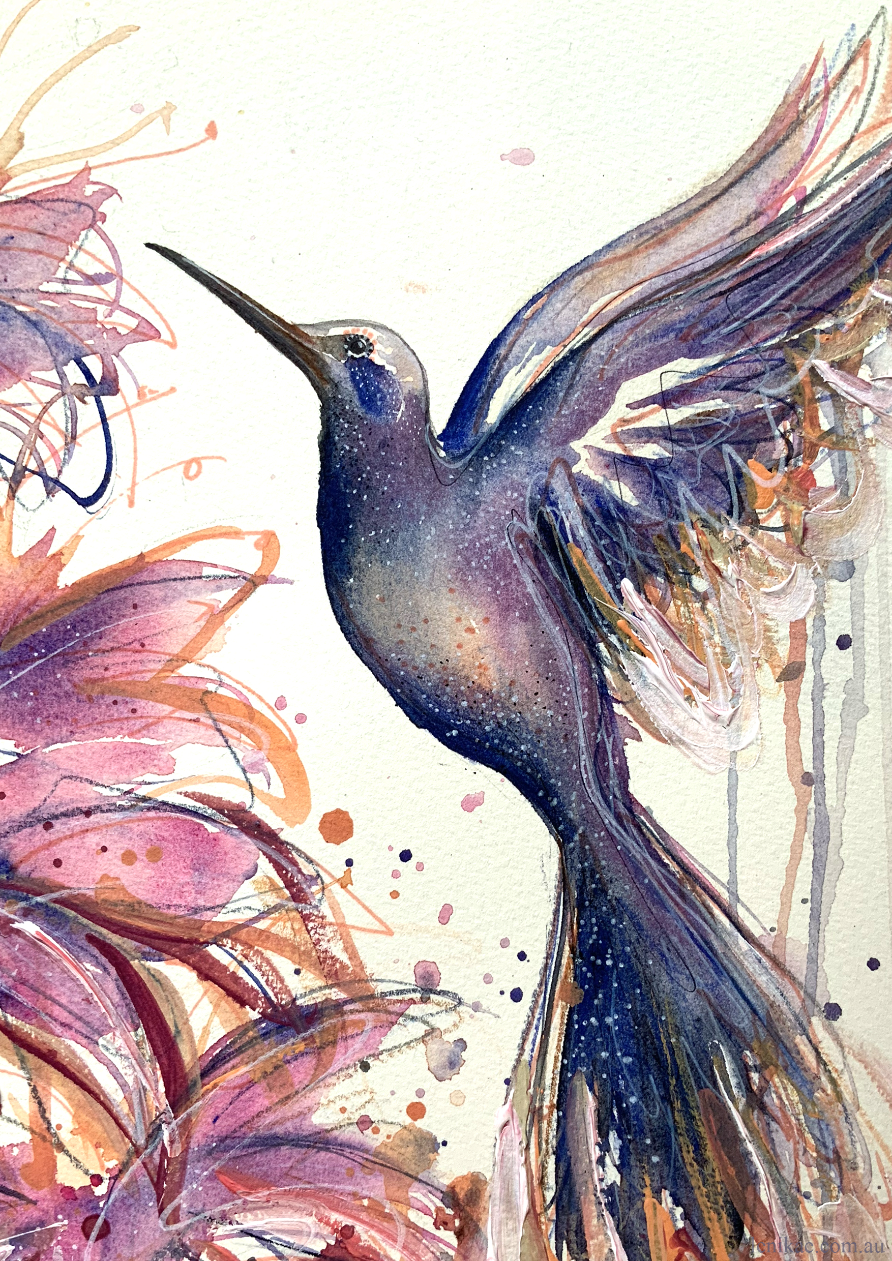 Sydney Artist Leni Kae Hummingbird Spirit Watercolour Closeup