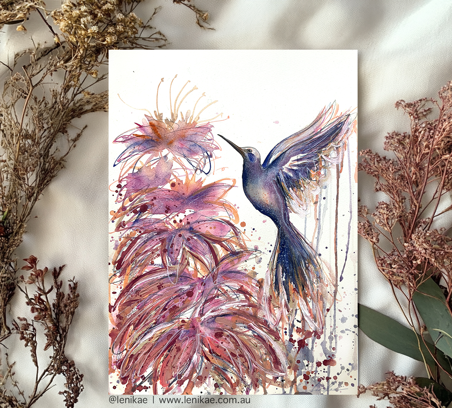 Sydney Artist Leni Kae Hummingbird Spirit Watercolour Art
