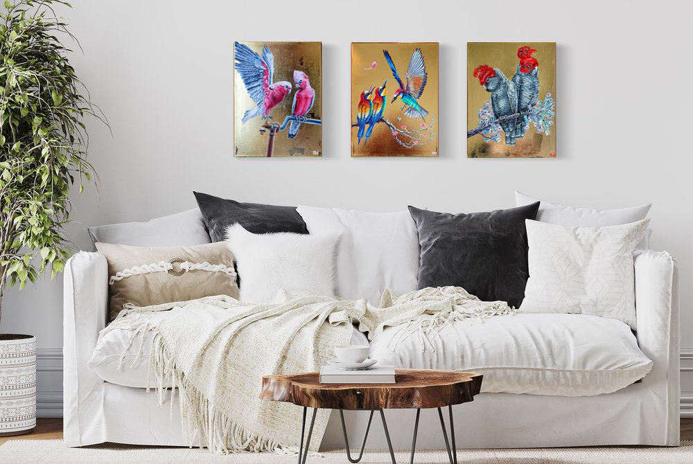 Parrots On Gilding Canvas Insitu6