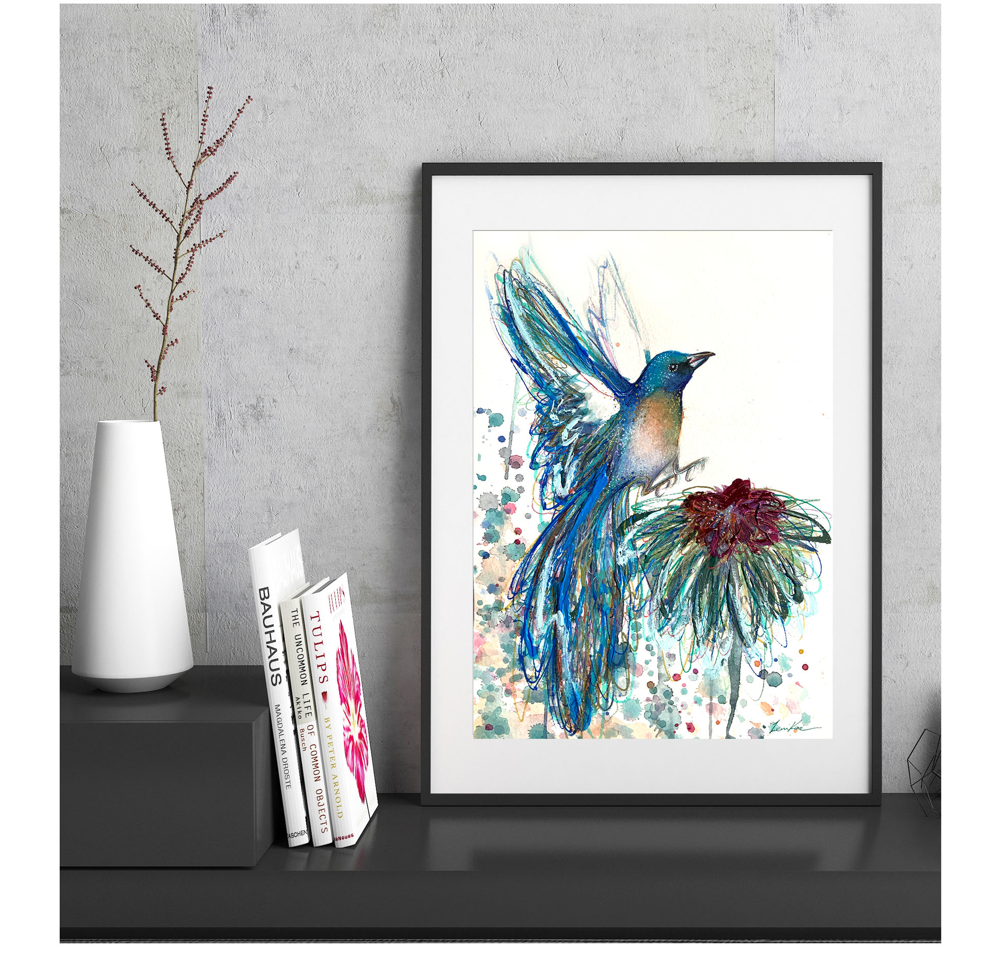 Sydney Artist Leni Kae Lazuli Bunting Framed Eg