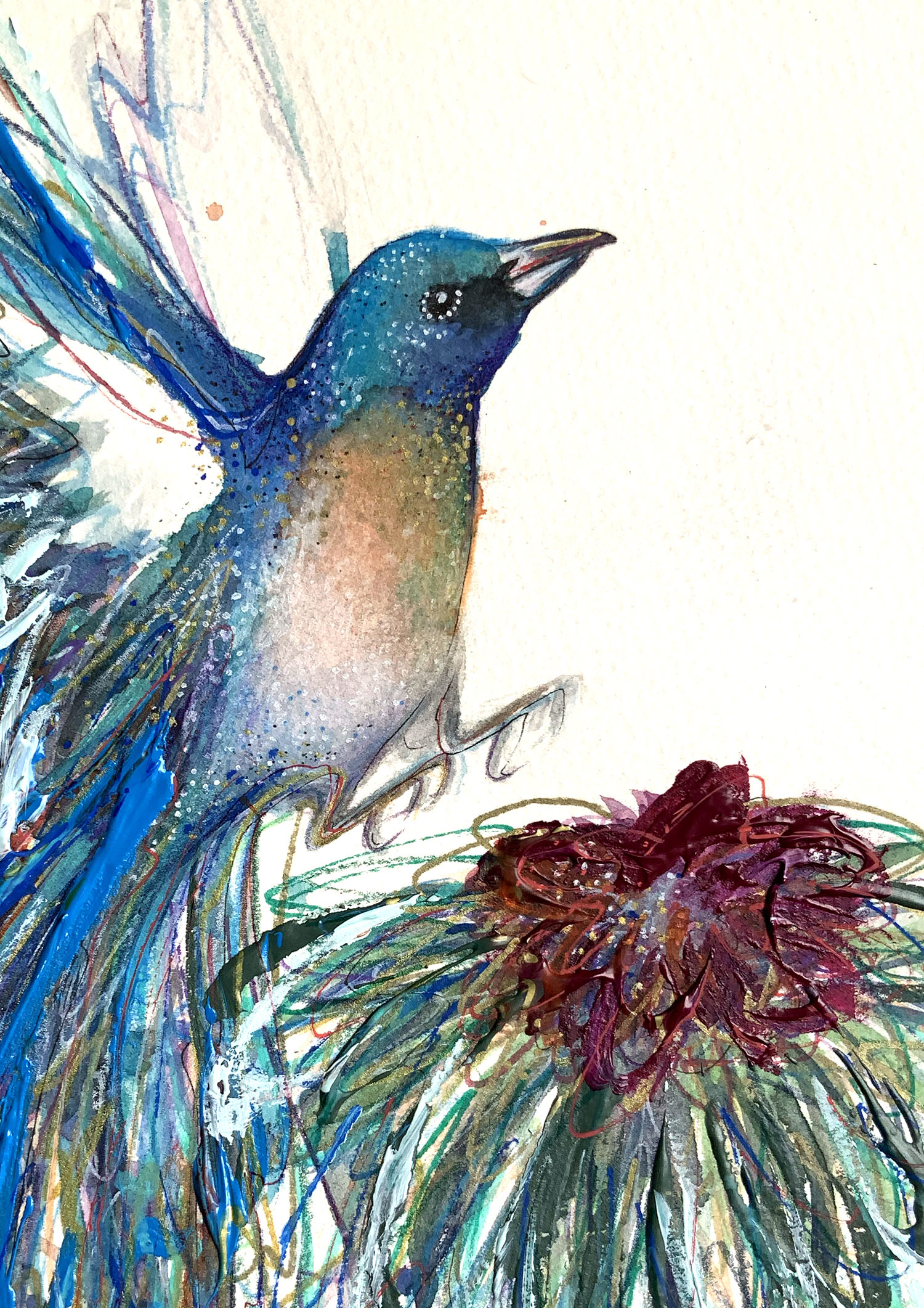 Sydney Artist Leni Kae Closeup Lazuli Bunting Spirit Bird Art