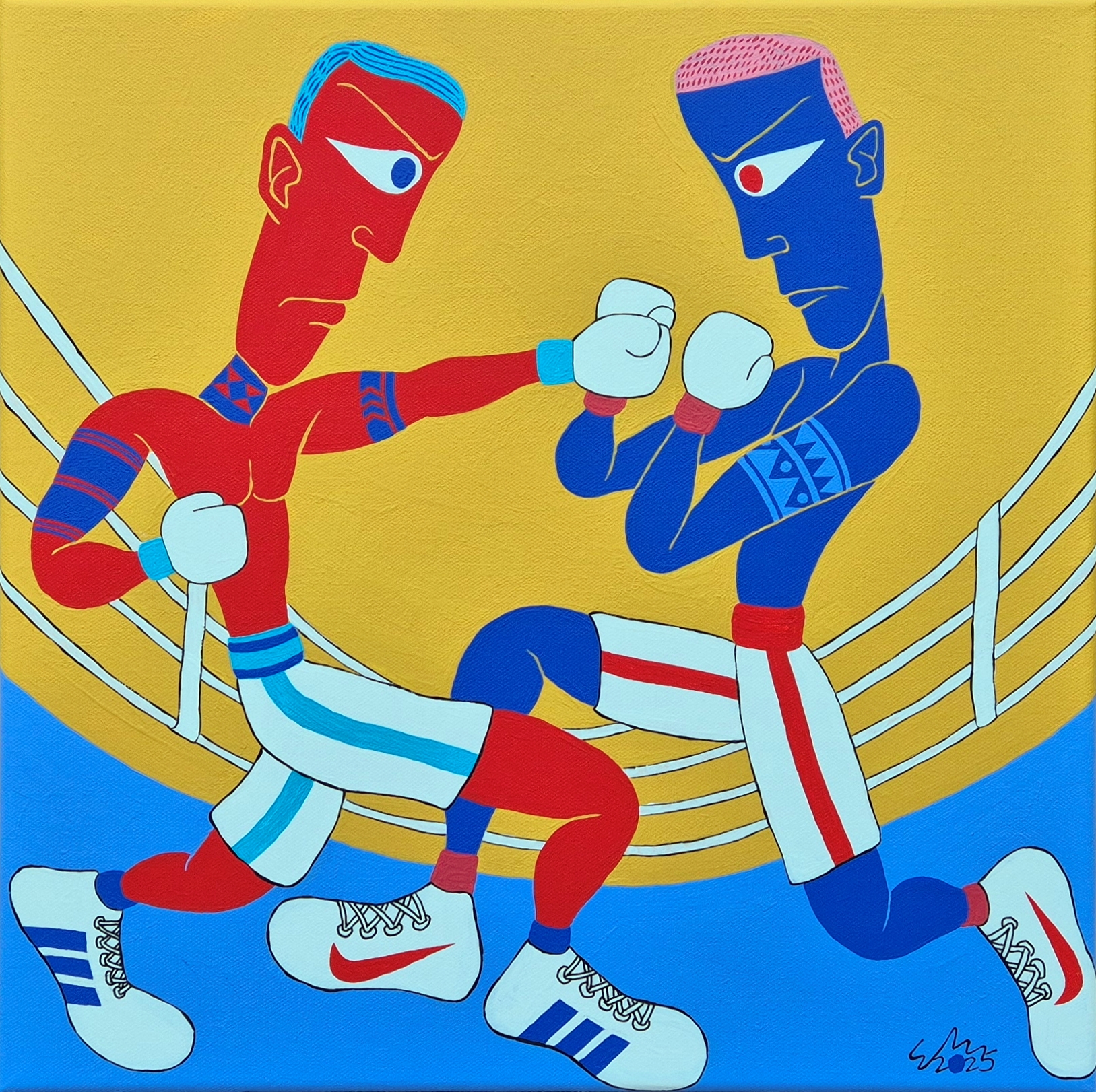 Fighting In The Ring 2025 Acrylic On Canvas 40.6cm X40.6cmx1.8cm