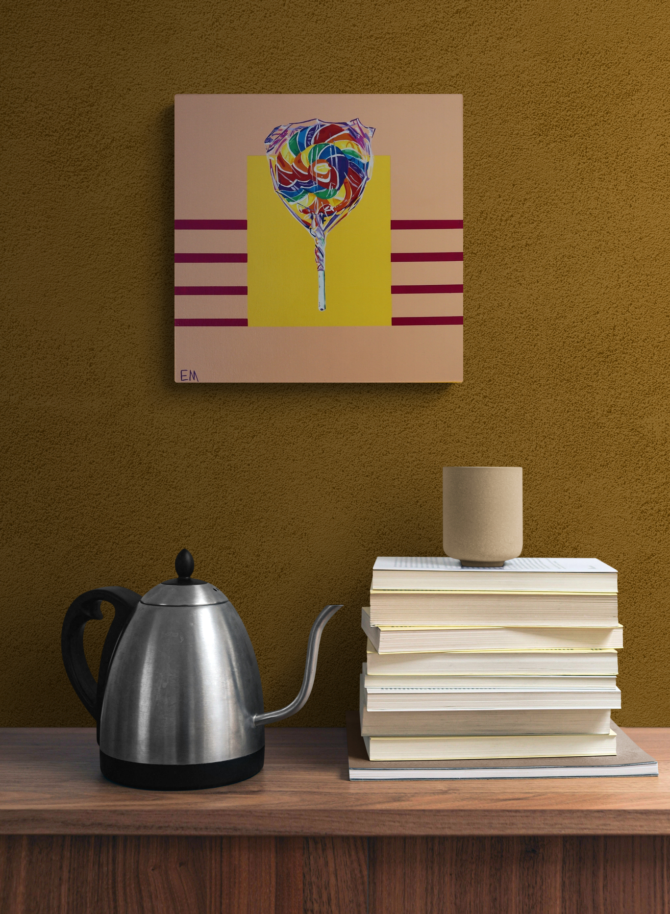 Close Up Of Books And A Kettle On A Cabinet