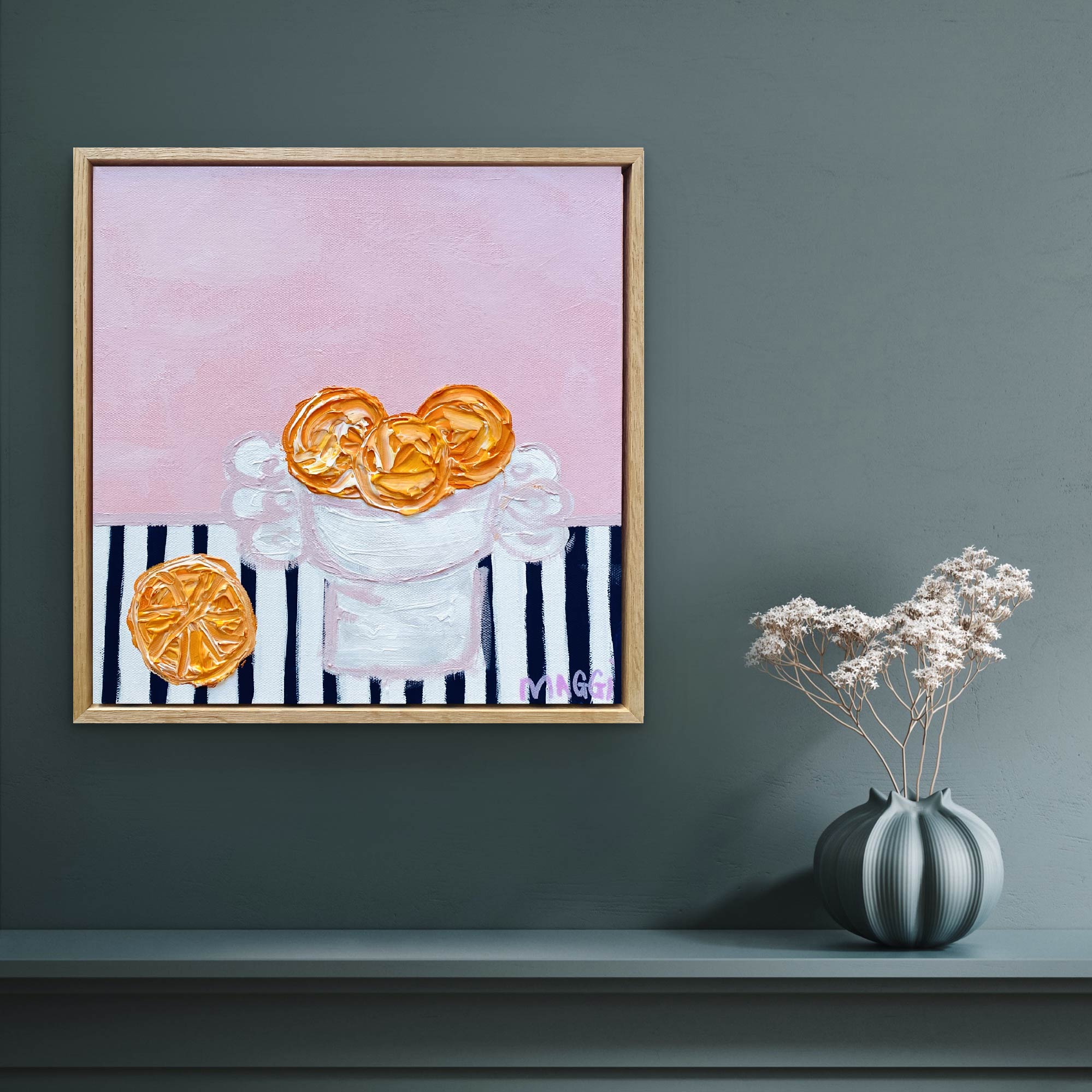 Little Bowl With Oranges On Stripes