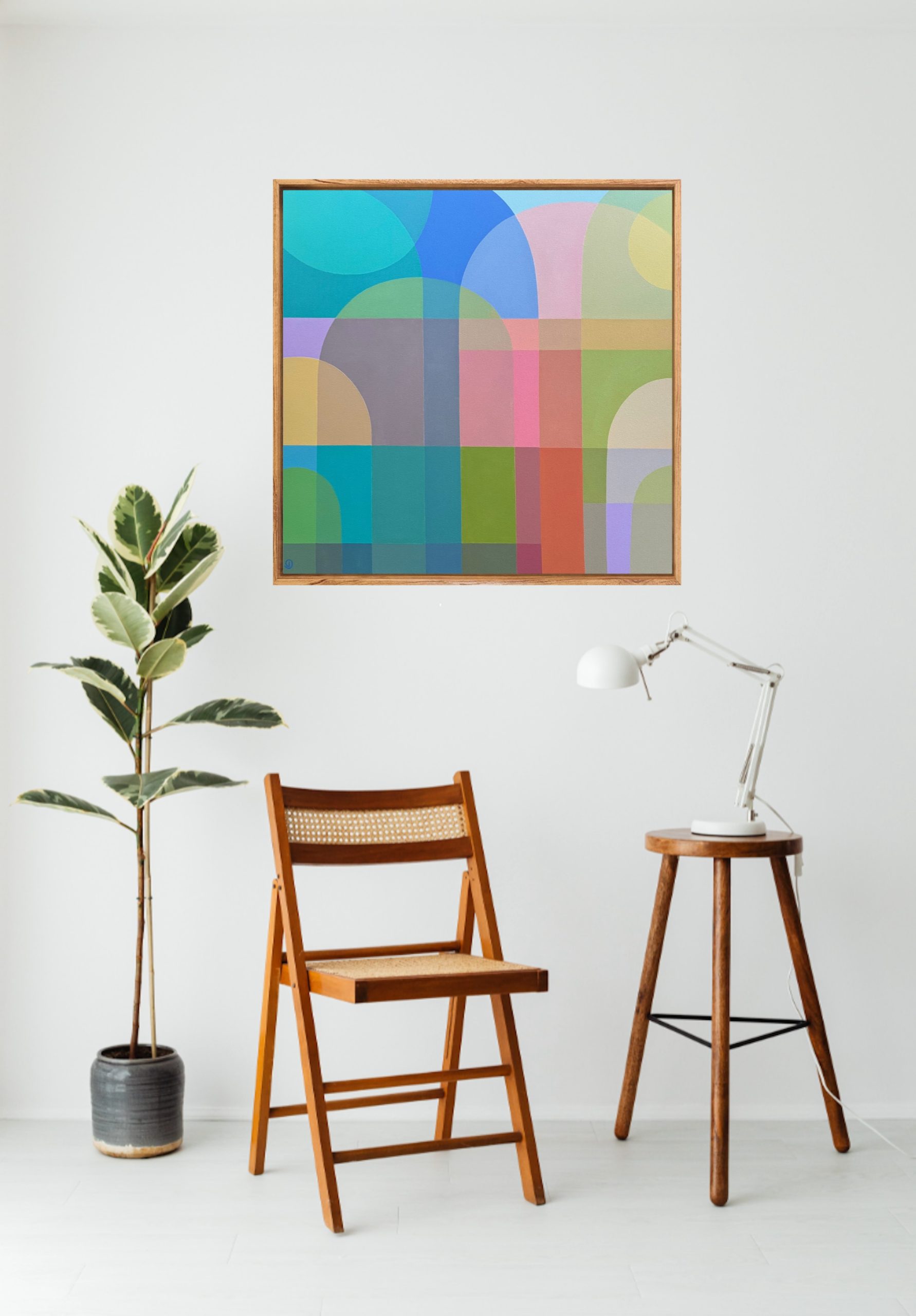 Charlotte De Pace Sunny Side Up Abstract Painting In Situ Above Chair Art Lovers Australia