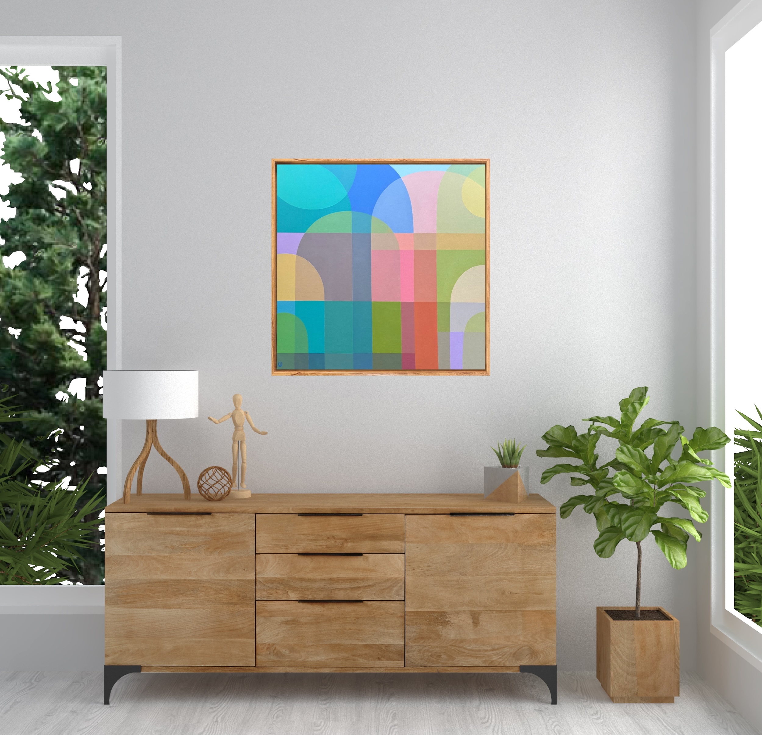 Charlotte De Pace Sunny Side Up Abstract Painting In Situ Above Sideboard Art Lovers Australia
