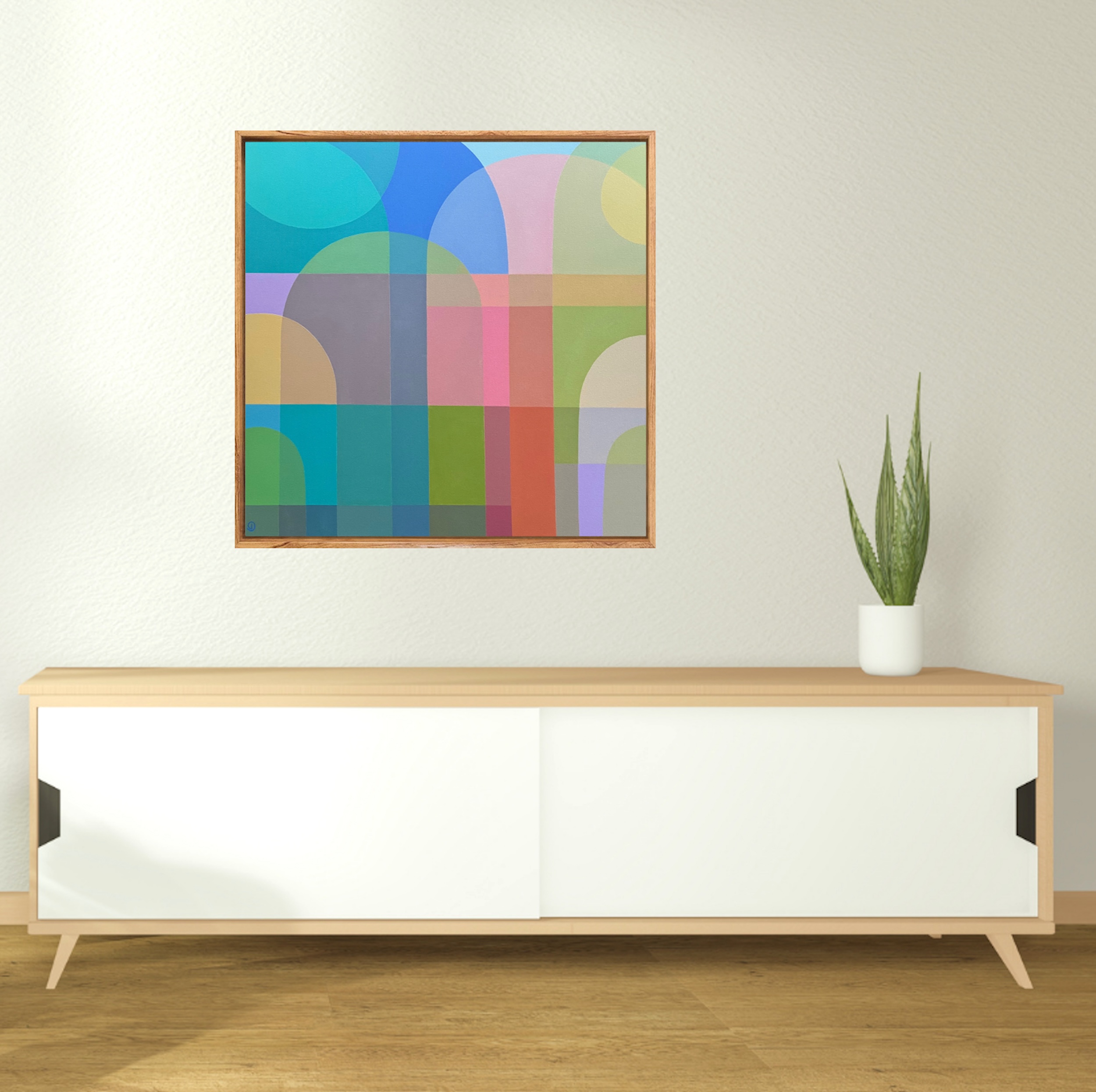 Charlotte De Pace Sunny Side Up Abstract Painting In Situ Above White Sideboard Art Lovers Australia