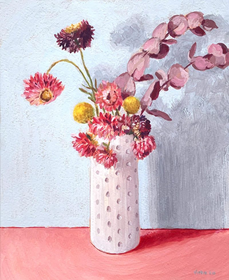 Paper Daisy, Gum and Billy Button on Pink Still Life
