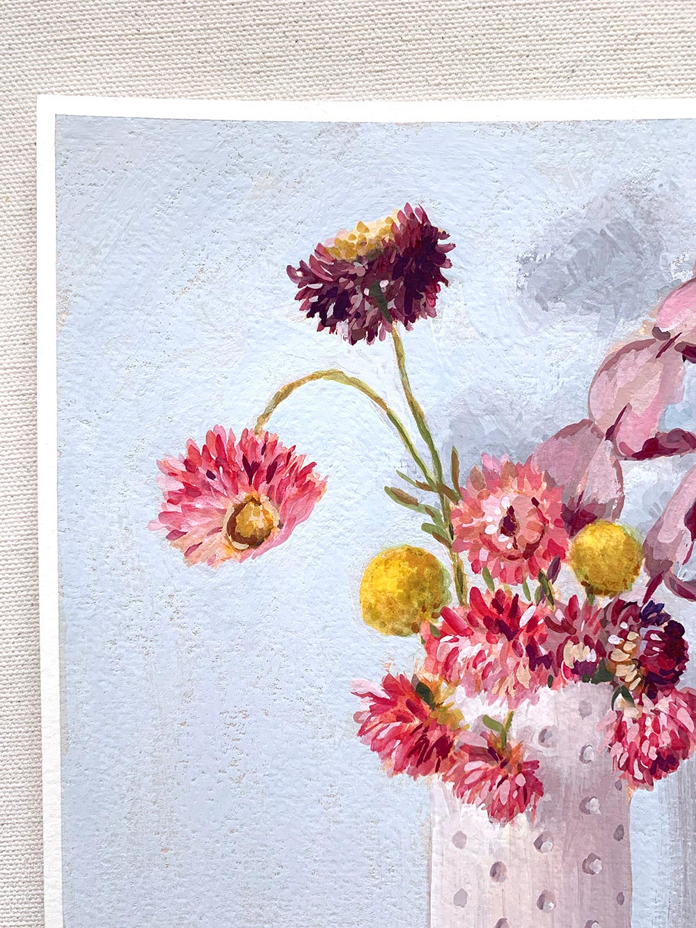 Vickie Liu Paper Daisy Gum And Billy Buttons On Pink Still Life 20x25cm Detail